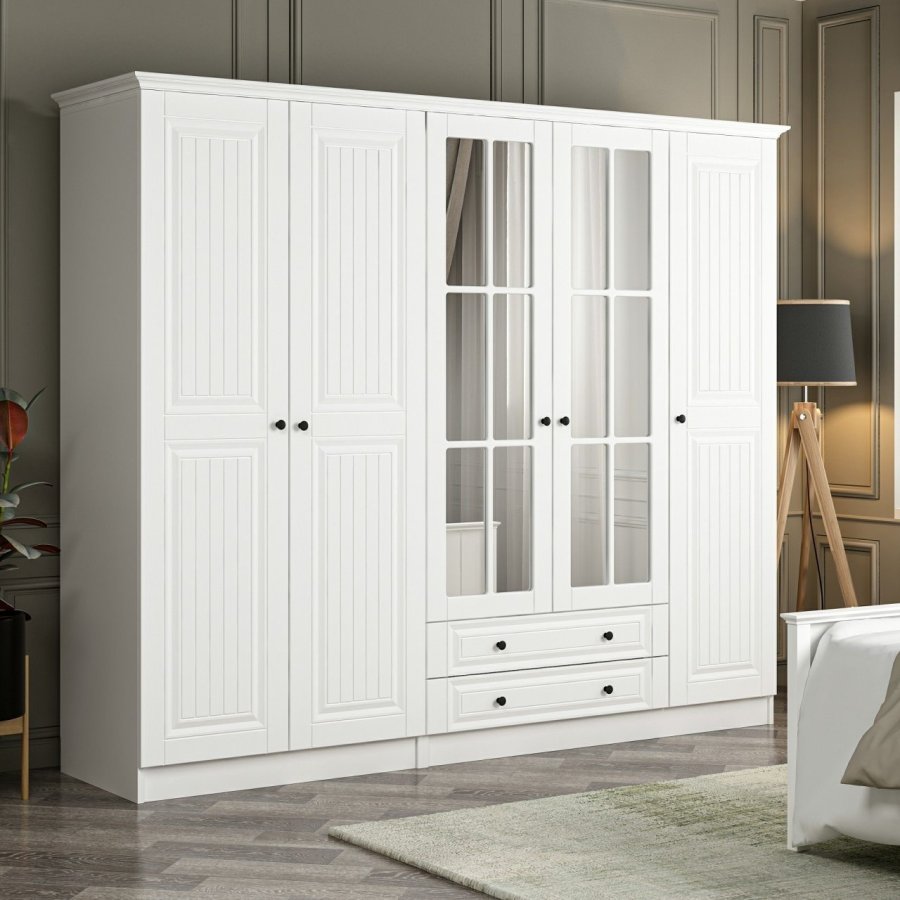 FUNZI LIVING 4018 garderobeskab, spejl, 5 lger, 3 bjlestnger, 2 skuffer - hvid melamin