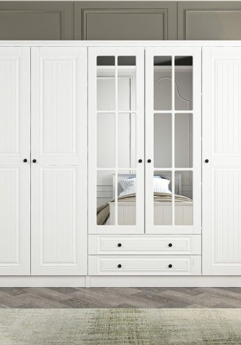 FUNZI LIVING 4782 garderobeskab, spejl, 5 lger, 3 bjlestnger, 2 skuffer - hvid melamin