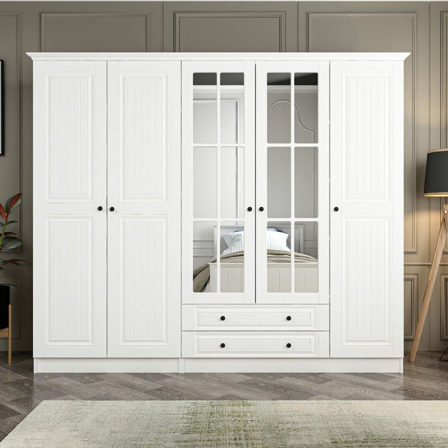 FUNZI LIVING 4782 garderobeskab, spejl, 5 lger, 3 bjlestnger, 2 skuffer - hvid melamin