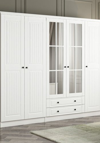 FUNZI LIVING 4782 garderobeskab, spejl, 5 lger, 3 bjlestnger, 2 skuffer - hvid melamin