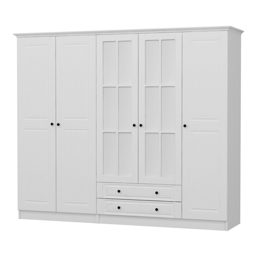 FUNZI LIVING 4782 garderobeskab, spejl, 5 lger, 3 bjlestnger, 2 skuffer - hvid melamin