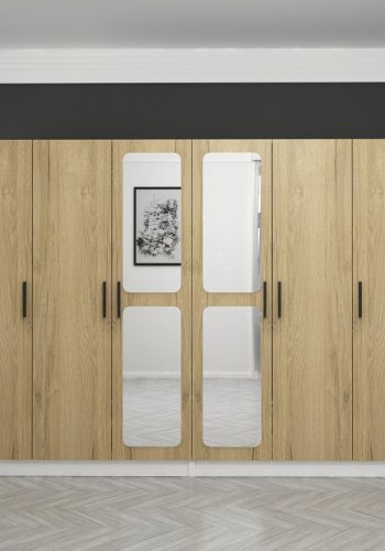 FUNZI LIVING 3874 garderobeskab, spejl, 6 lger, 2 bjlestnger, 4 skuffer - natur/hvid melamin