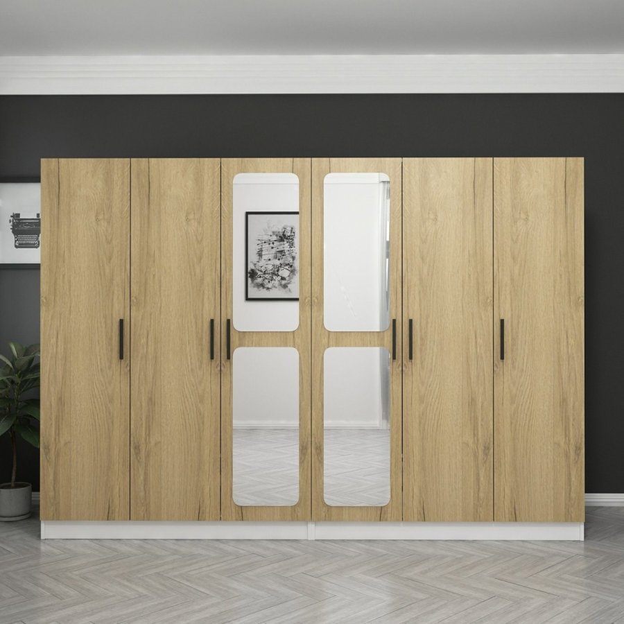 FUNZI LIVING 3874 garderobeskab, spejl, 6 lger, 2 bjlestnger, 4 skuffer - natur/hvid melamin