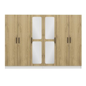 FUNZI LIVING 3874 garderobeskab, spejl, 6 lger, 2 bjlestnger, 4 skuffer - natur/hvid melamin