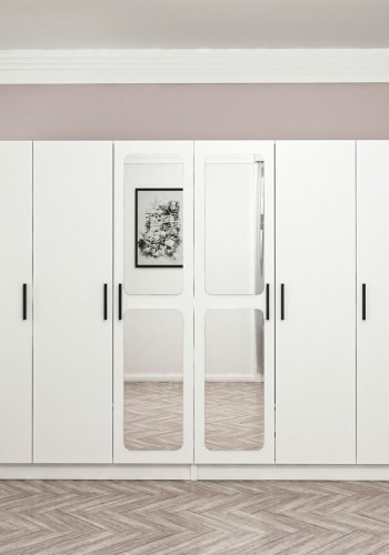 FUNZI LIVING 2442 garderobeskab, spejl, 6 lger, 2 bjlestnger, 4 skuffer - hvid melamin