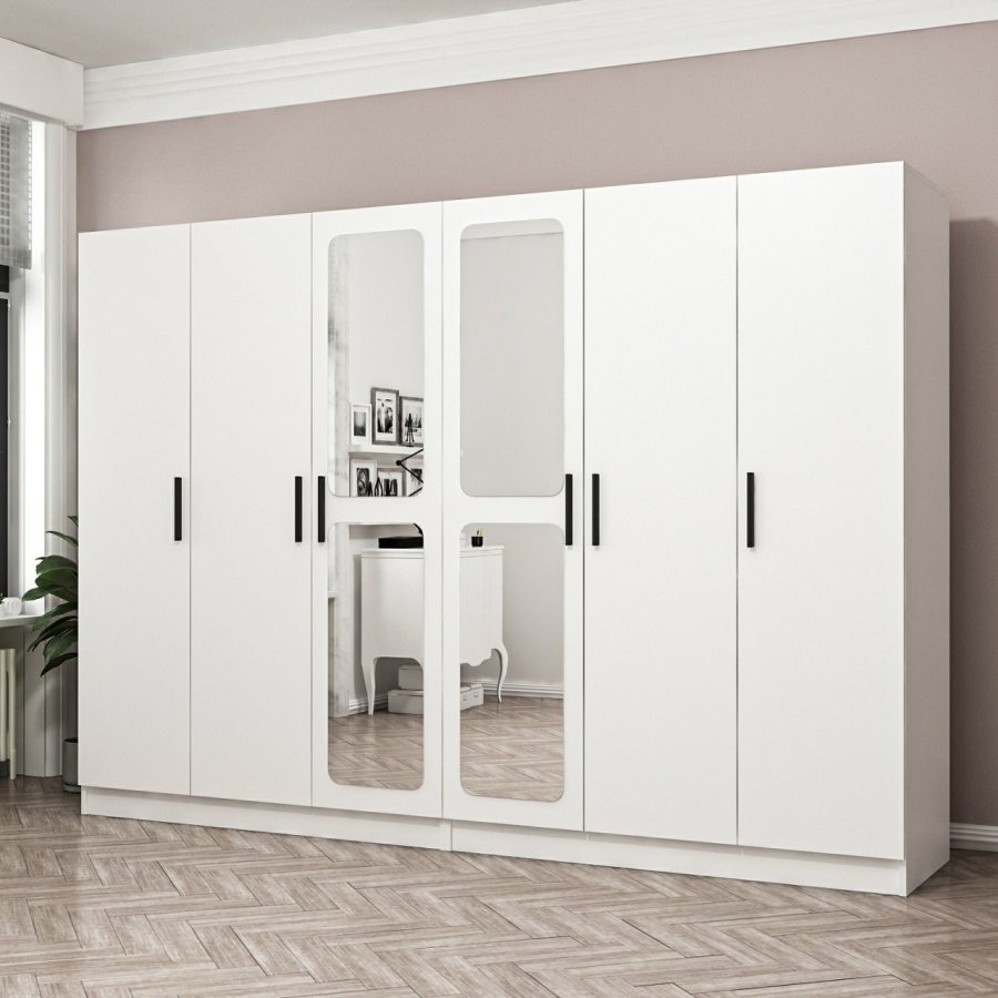 FUNZI LIVING 2442 garderobeskab, spejl, 6 lger, 2 bjlestnger, 4 skuffer - hvid melamin