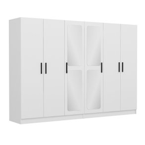 FUNZI LIVING 2442 garderobeskab, spejl, 6 lger, 2 bjlestnger, 4 skuffer - hvid melamin