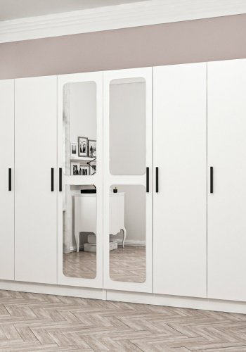 FUNZI LIVING 3820 garderobeskab, spejl, 6 lger, 2 bjlestnger, 4 skuffer - hvid melamin