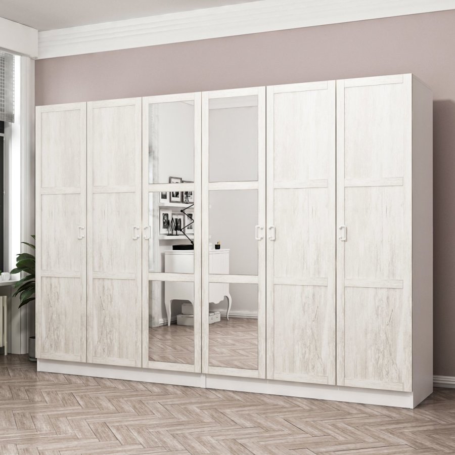 FUNZI LIVING 2463 garderobeskab, spejl, 6 lger, 2 bjlestnger, 4 skuffer - hvid melamin