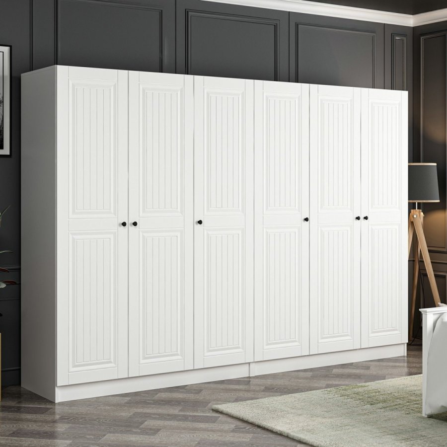 FUNZI LIVING 4011 garderobeskab, 6 lger, 2 bjlestnger, 4 skuffer - hvid melamin