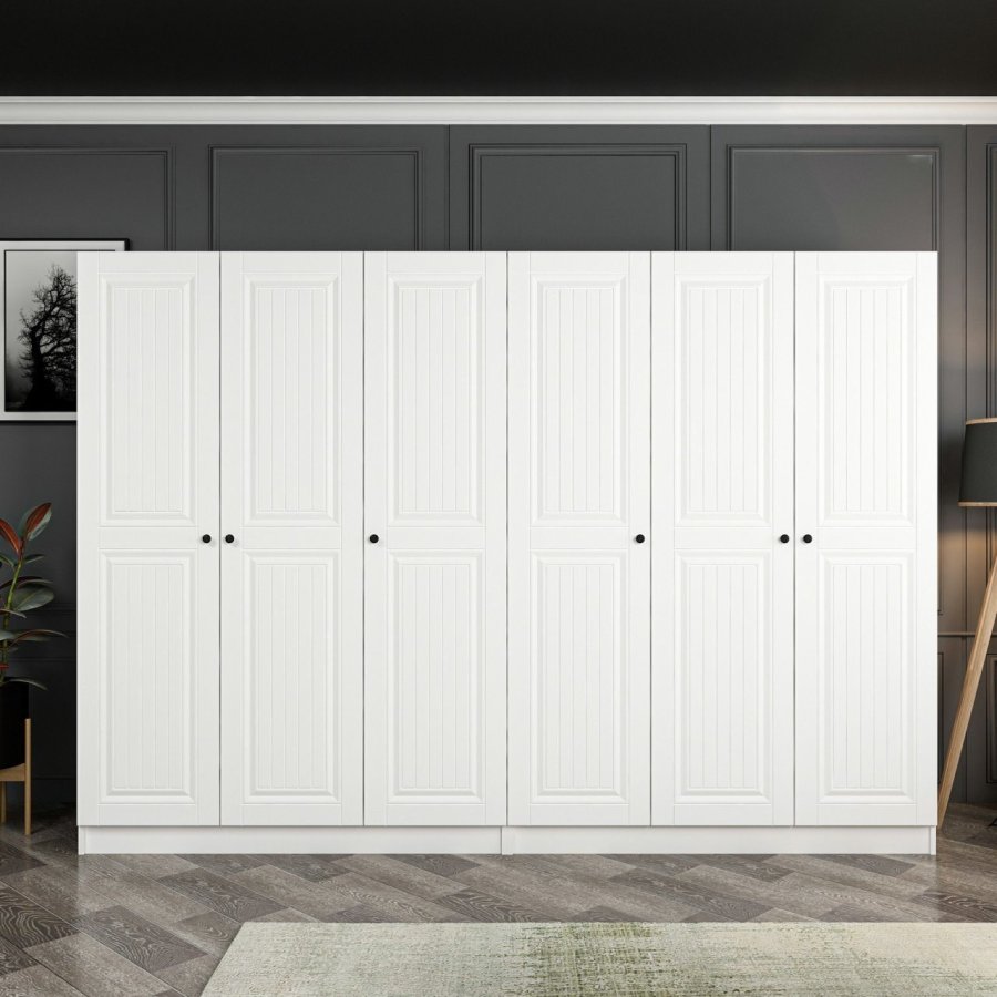 FUNZI LIVING 4775 garderobeskab, 6 lger, 2 bjlestnger, 4 skuffer - hvid melamin