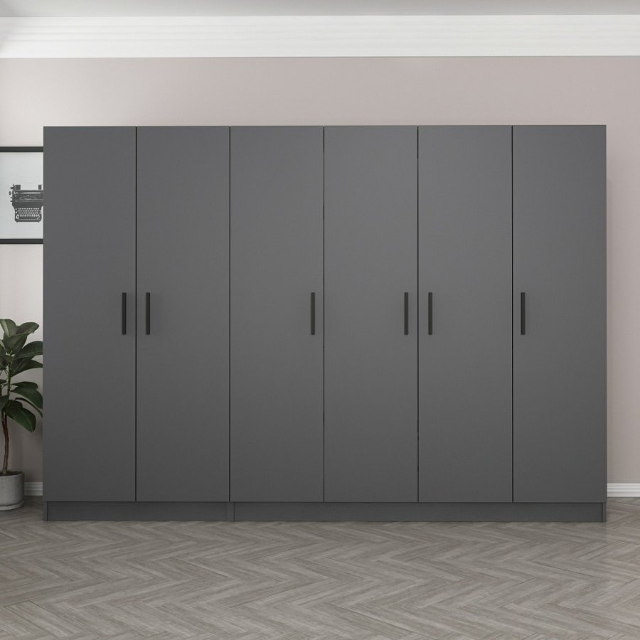 FUNZI LIVING 5080 garderobeskab, 6 lger, 3 bjlestnger, 2 skuffer - antracitgr melamin