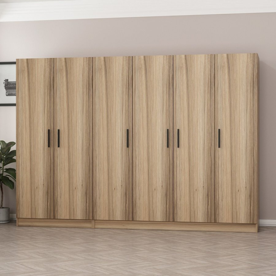 FUNZI LIVING 7630 garderobeskab, 6 lger, 3 bjlestnger, 2 skuffer - natur melamin