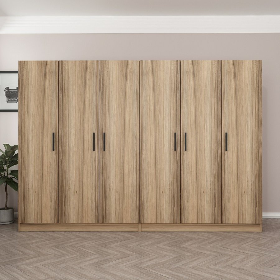 FUNZI LIVING 7501 garderobeskab, 6 lger, 2 bjlestnger, 4 skuffer - natur melamin