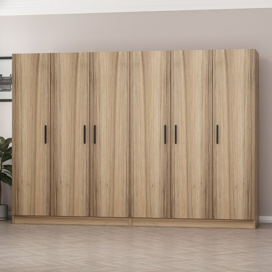 FUNZI LIVING 7501 garderobeskab, 6 lger, 2 bjlestnger, 4 skuffer - natur melamin