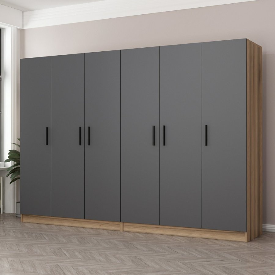 FUNZI LIVING 7641 garderobeskab, 6 lger, 2 bjlestnger, 4 skuffer - antracit/natur melamin