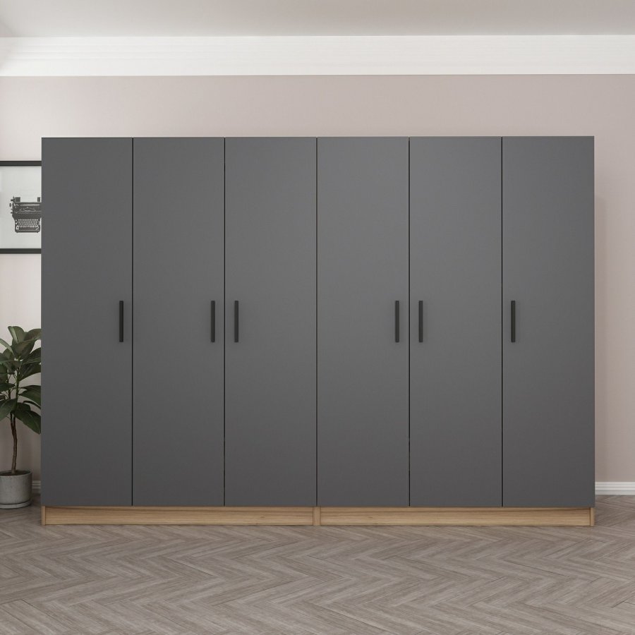 FUNZI LIVING 7641 garderobeskab, 6 lger, 2 bjlestnger, 4 skuffer - antracit/natur melamin