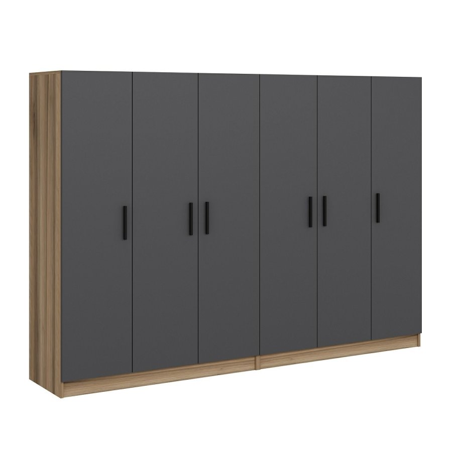 FUNZI LIVING 7641 garderobeskab, 6 lger, 2 bjlestnger, 4 skuffer - antracit/natur melamin