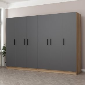 FUNZI LIVING 7511 garderobeskab, 6 lger, 2 bjlestnger, 4 skuffer - antracit/natur melamin