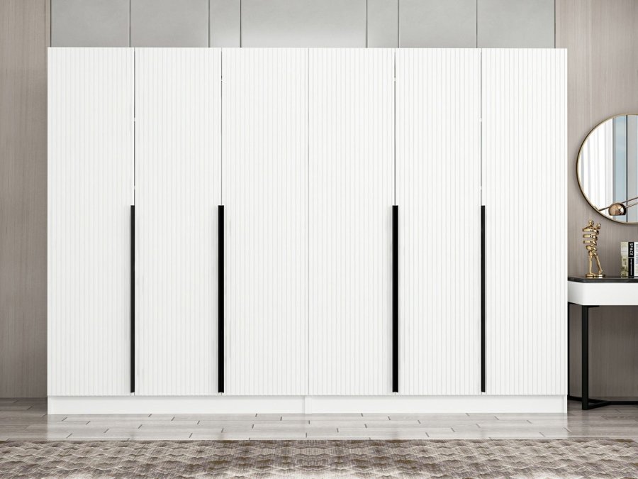 FUNZI LIVING Plus 7787 garderobeskab, 6 lger, 2 bjlestnger, 4 skuffer, hylder - hvid melamin