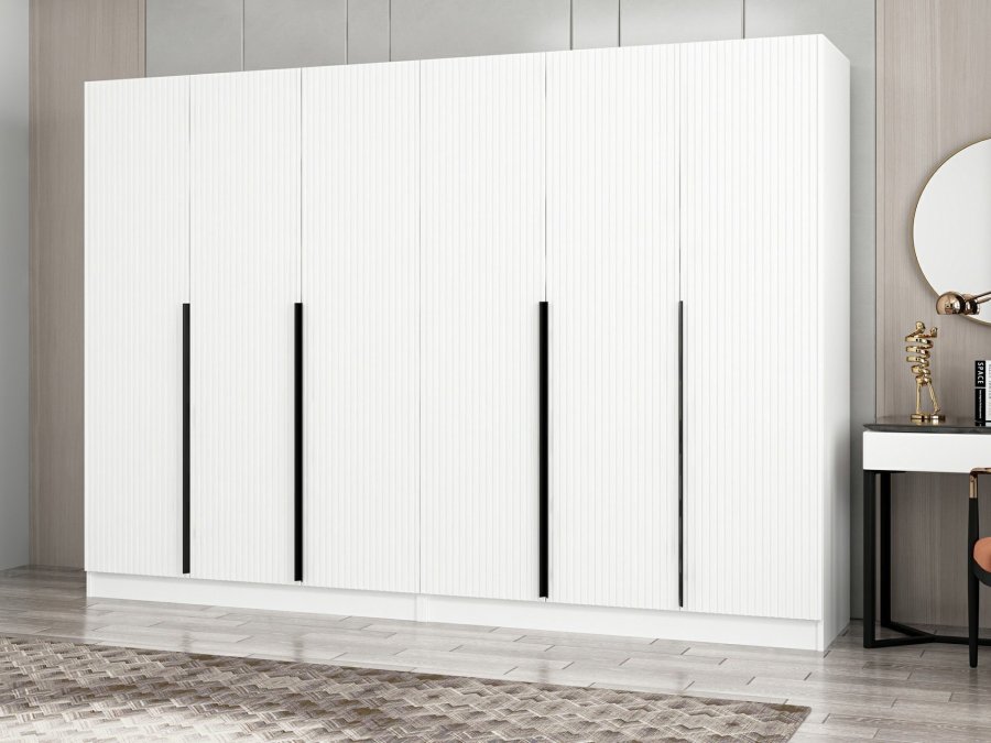 FUNZI LIVING Plus 7787 garderobeskab, 6 lger, 2 bjlestnger, 4 skuffer, hylder - hvid melamin