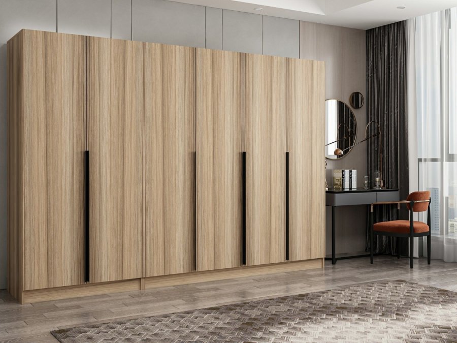 FUNZI LIVING Plus 7796 garderobeskab, 6 lger, 3 bjlestnger, 2 skuffer, hylder - natur melamin