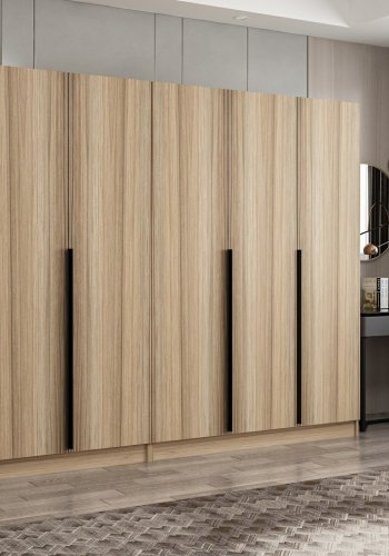 FUNZI LIVING Plus 7797 garderobeskab, 6 lger, 2 bjlestnger, 4 skuffer, hylder - natur melamin