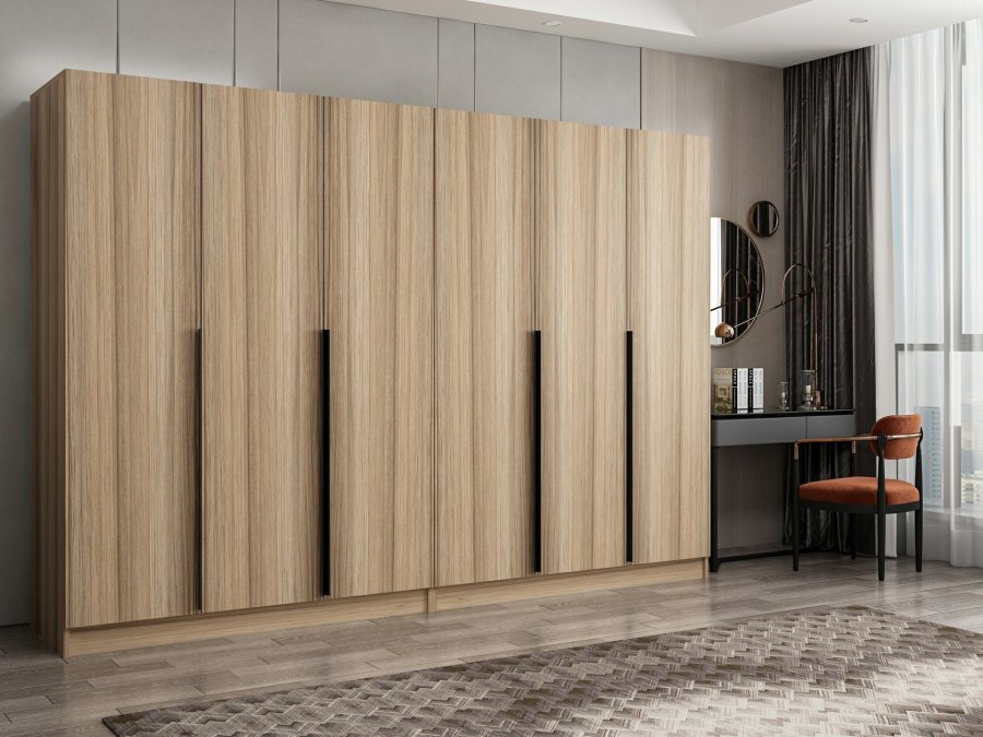 FUNZI LIVING Plus 7797 garderobeskab, 6 lger, 2 bjlestnger, 4 skuffer, hylder - natur melamin