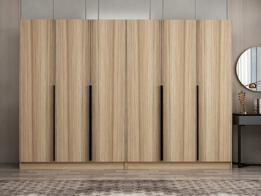 FUNZI LIVING Plus 7797 garderobeskab, 6 lger, 2 bjlestnger, 4 skuffer, hylder - natur melamin