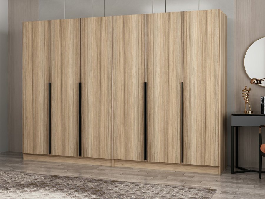 FUNZI LIVING Plus 7797 garderobeskab, 6 lger, 2 bjlestnger, 4 skuffer, hylder - natur melamin