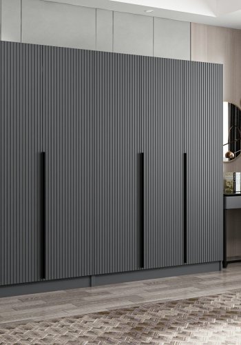 FUNZI LIVING Plus 7777 garderobeskab, 6 lger, 2 bjlestnger, 4 skuffer, hylder - antracit melamin