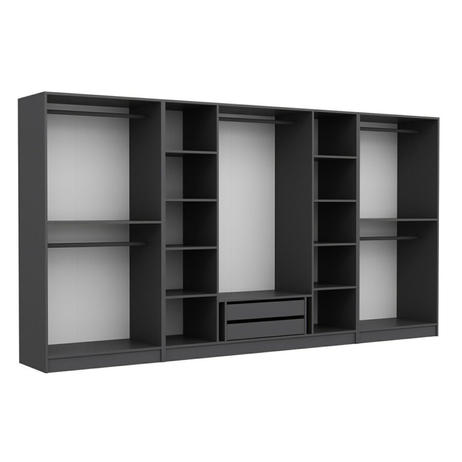 FUNZI LIVING 4943 bent garderobeskab, m. 5 bjlestnger, 2 skuffer, 10 hylder - antracitgr melamin