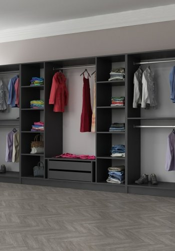 FUNZI LIVING 5047 bent garderobeskab, m. 5 bjlestnger, 2 skuffer, 10 hylder - antracitgr melamin