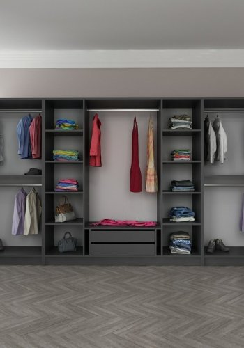 FUNZI LIVING 5047 bent garderobeskab, m. 5 bjlestnger, 2 skuffer, 10 hylder - antracitgr melamin