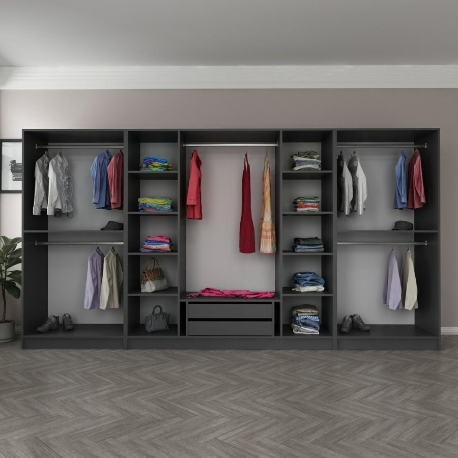 FUNZI LIVING 5047 bent garderobeskab, m. 5 bjlestnger, 2 skuffer, 10 hylder - antracitgr melamin