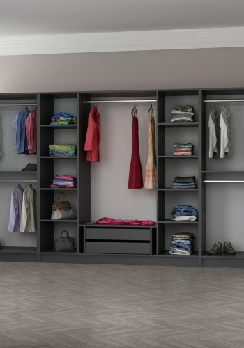 FUNZI LIVING 5047 bent garderobeskab, m. 5 bjlestnger, 2 skuffer, 10 hylder - antracitgr melamin