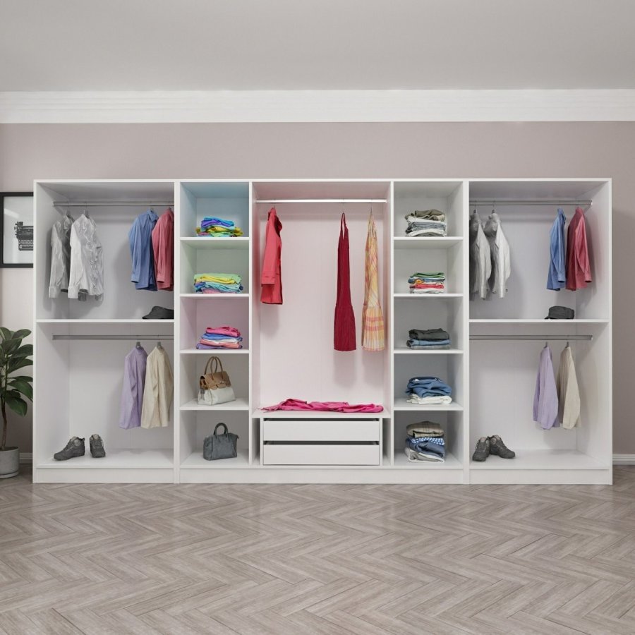 FUNZI LIVING 4933 bent garderobeskab, m. 5 bjlestnger, 2 skuffer, 10 hylder - hvid melamin