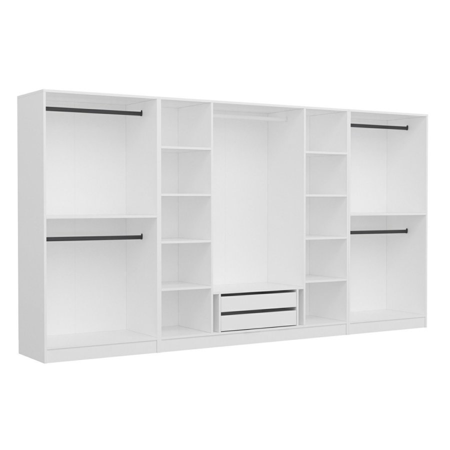 FUNZI LIVING 4933 bent garderobeskab, m. 5 bjlestnger, 2 skuffer, 10 hylder - hvid melamin