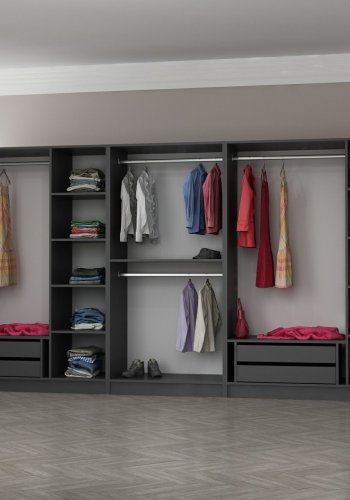 FUNZI LIVING 4944 bent garderobeskab, m. 4 bjlestnger, 4 skuffer, 9 hylder - antracitgr melamin