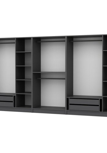 FUNZI LIVING 4944 bent garderobeskab, m. 4 bjlestnger, 4 skuffer, 9 hylder - antracitgr melamin