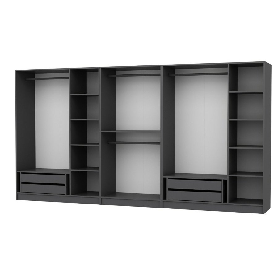 FUNZI LIVING 4944 bent garderobeskab, m. 4 bjlestnger, 4 skuffer, 9 hylder - antracitgr melamin