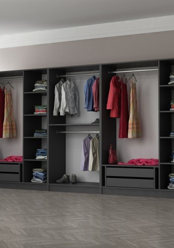 FUNZI LIVING 5048 bent garderobeskab, m. 4 bjlestnger, 4 skuffer, 9 hylder - antracitgr melamin