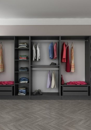 FUNZI LIVING 5048 bent garderobeskab, m. 4 bjlestnger, 4 skuffer, 9 hylder - antracitgr melamin