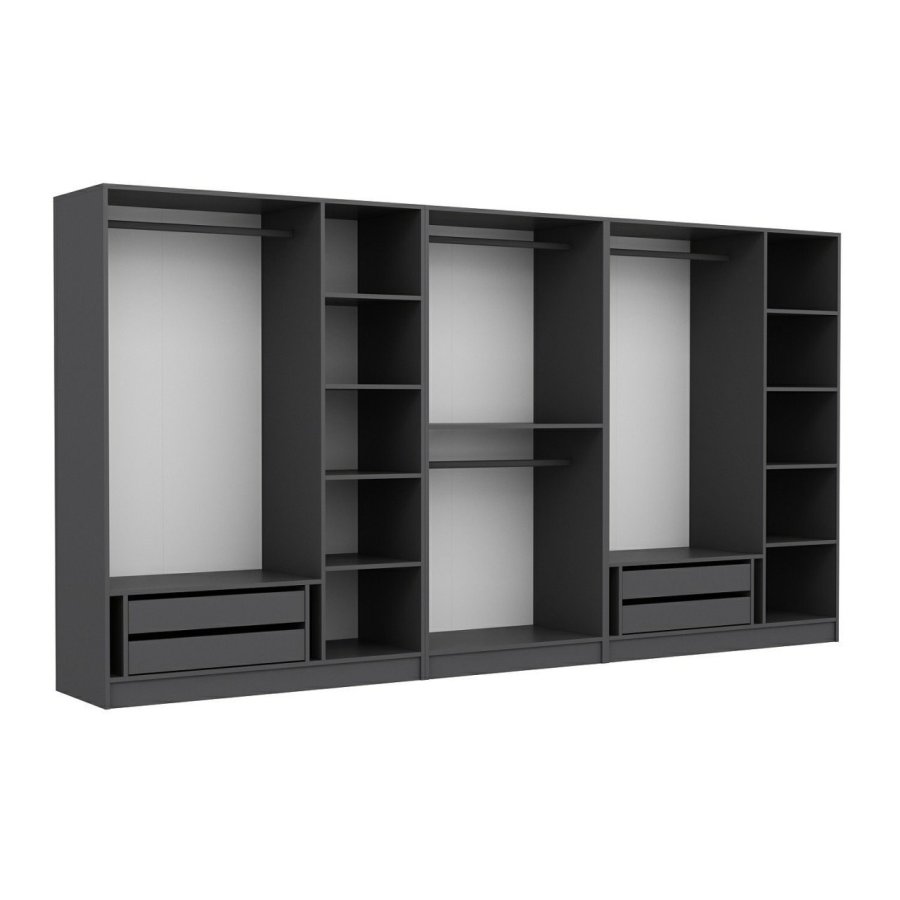 FUNZI LIVING 5048 bent garderobeskab, m. 4 bjlestnger, 4 skuffer, 9 hylder - antracitgr melamin