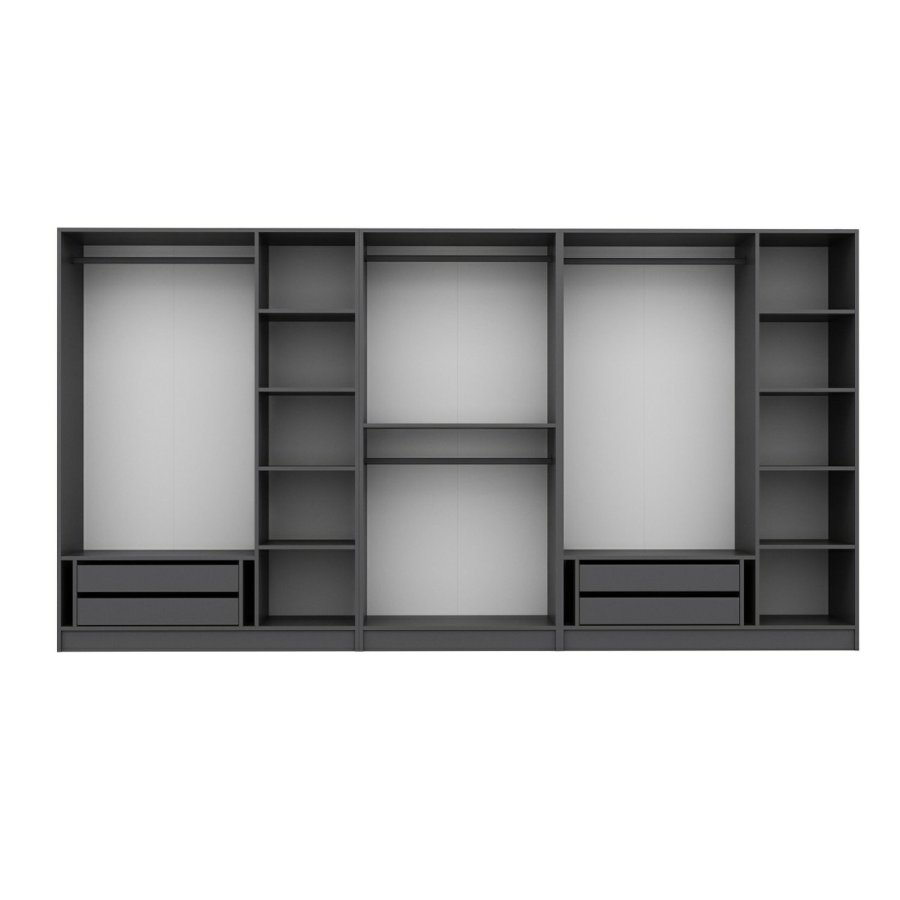 FUNZI LIVING 5048 bent garderobeskab, m. 4 bjlestnger, 4 skuffer, 9 hylder - antracitgr melamin