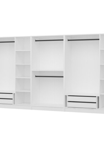 FUNZI LIVING 4934 bent garderobeskab, m. 4 bjlestnger, 4 skuffer, 9 hylder - hvid melamin