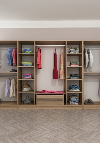 FUNZI LIVING 7544 bent garderobeskab, m. 5 bjlestnger, 2 skuffer, 10 hylder - natur melamin