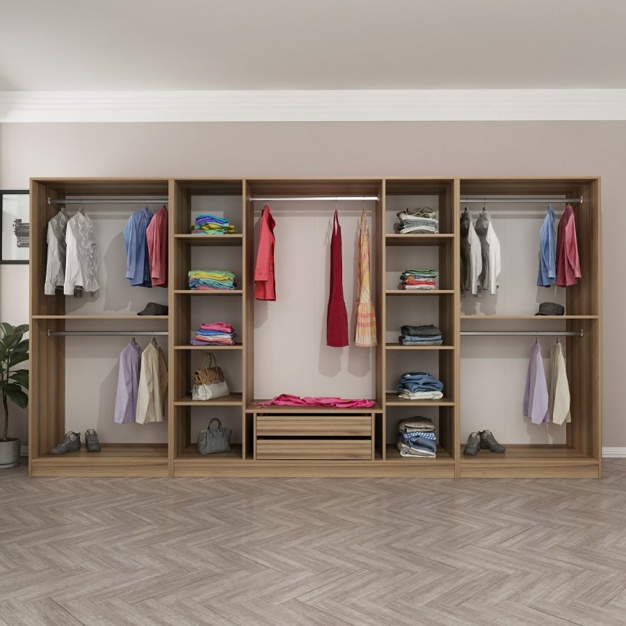 FUNZI LIVING 7544 bent garderobeskab, m. 5 bjlestnger, 2 skuffer, 10 hylder - natur melamin