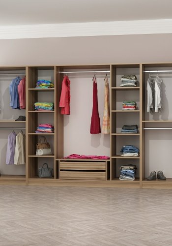 FUNZI LIVING 7544 bent garderobeskab, m. 5 bjlestnger, 2 skuffer, 10 hylder - natur melamin