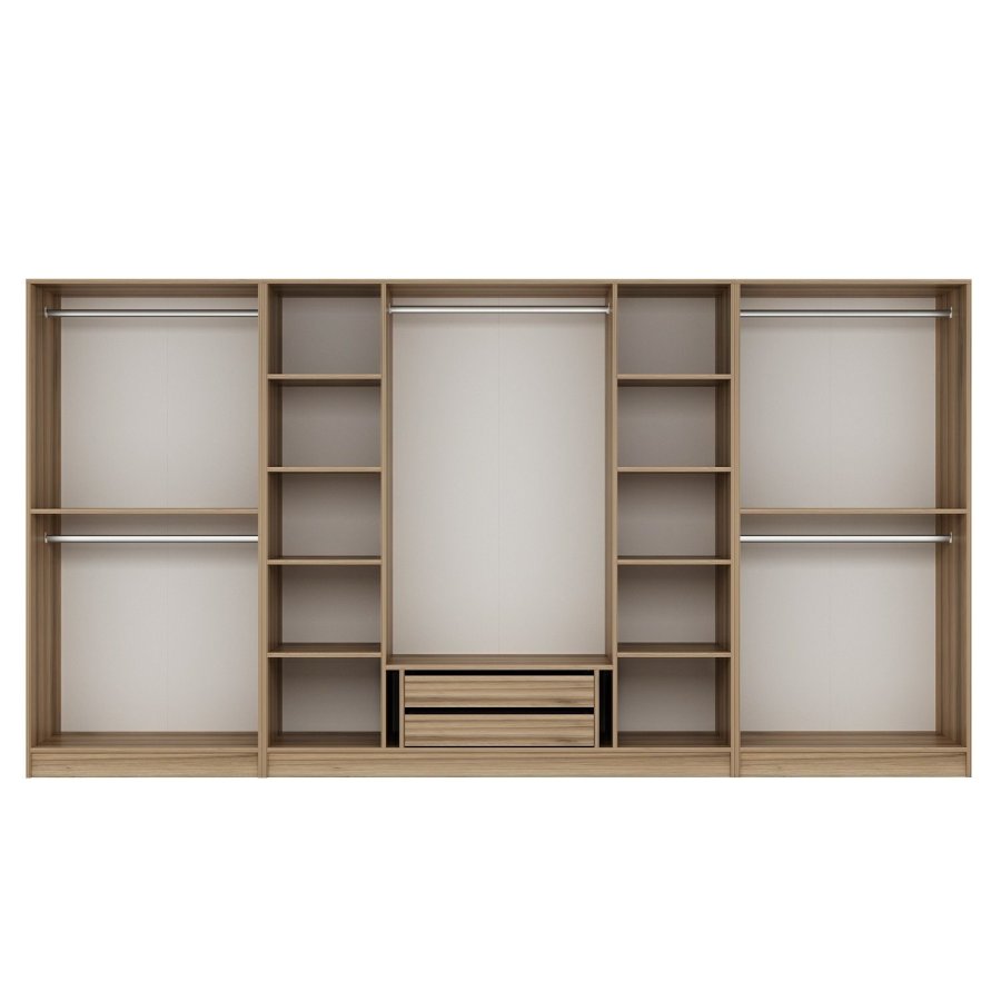 FUNZI LIVING 7544 bent garderobeskab, m. 5 bjlestnger, 2 skuffer, 10 hylder - natur melamin